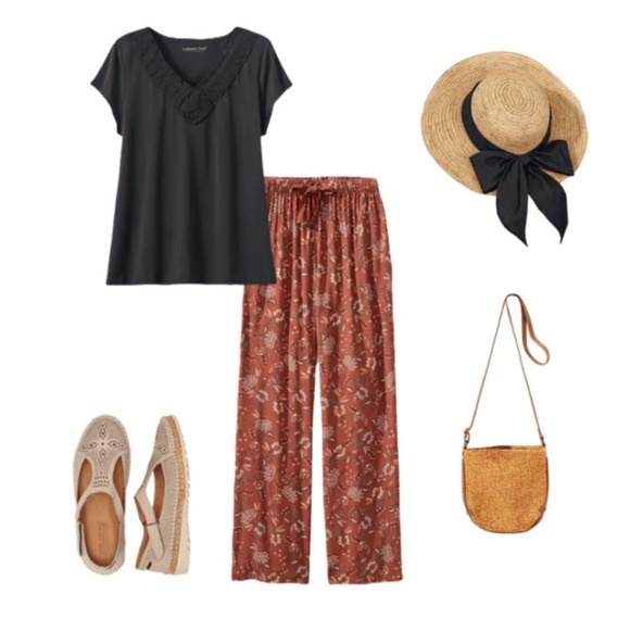 Coldwater Creek Women Plus 1X Terra Haven Pant Cinnamon Floral Pull On Wide Leg - Picture 9 of 11